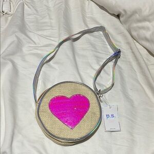 PS4U Pink sequin Heart Crossbody Bag on tan burlap look round bag NWT
